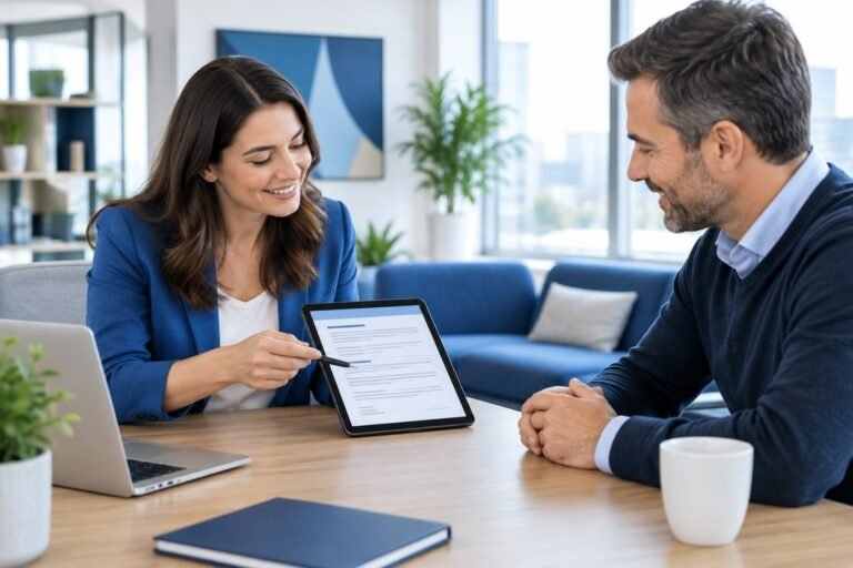 Account manager de agência apresentando o SLA para o cliente em reunião