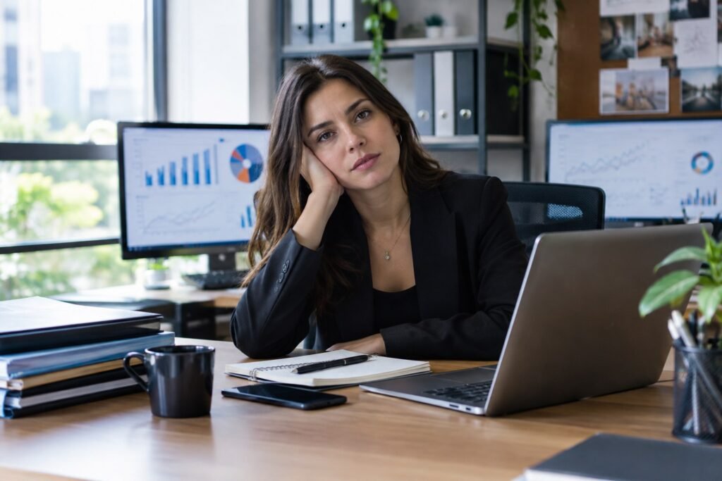 Account manager de agência de marketing sobrecarregada, sinal de turnover na equipe de atendimento