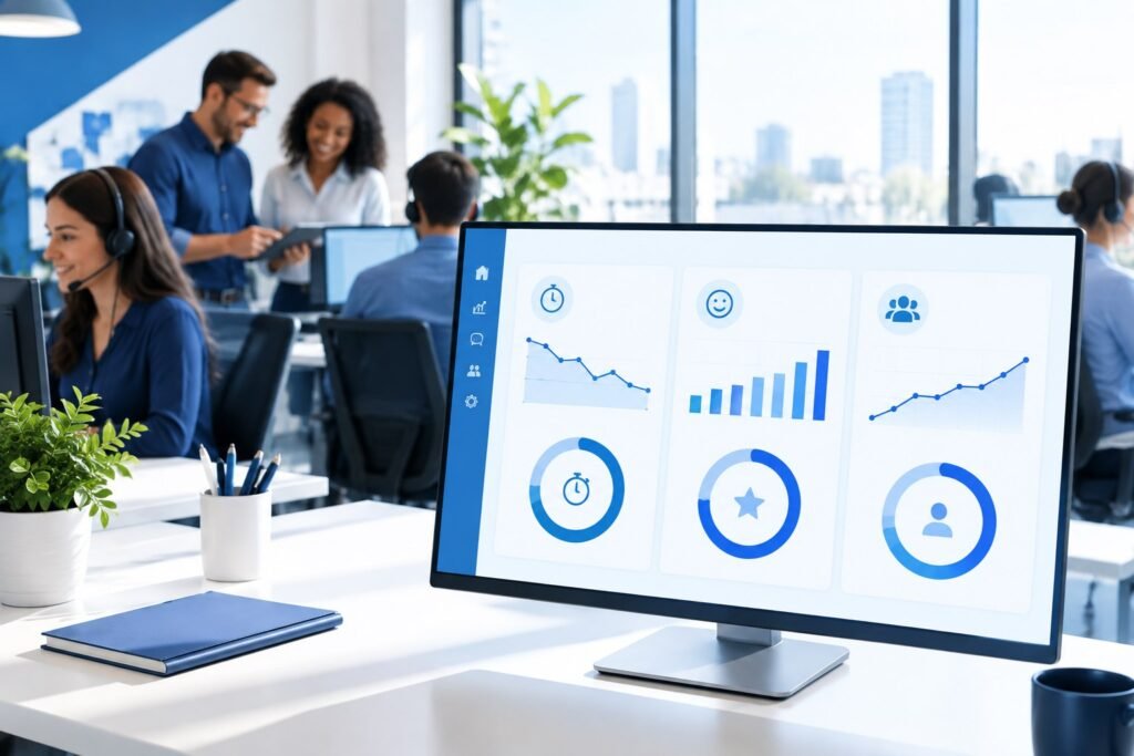 Dashboard com KPIs de atendimento para agência de marketing, mostrando tempo de resposta, NPS e retenção de clientes