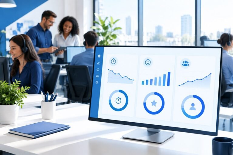 Dashboard com KPIs de atendimento para agência de marketing, mostrando tempo de resposta, NPS e retenção de clientes