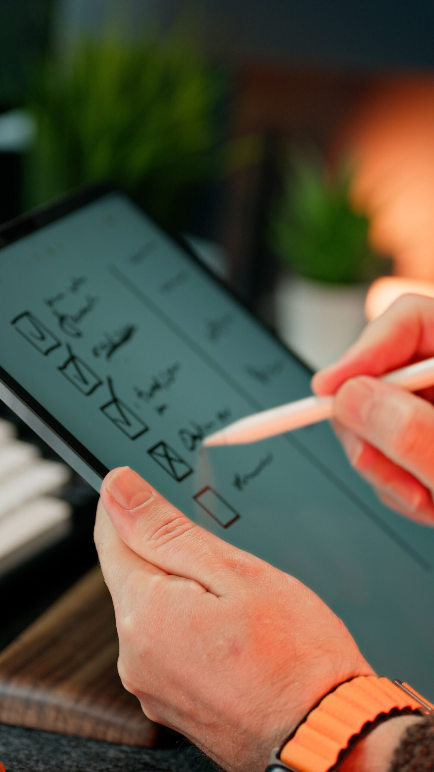 Mãos escrevendo um checklist digital de processo