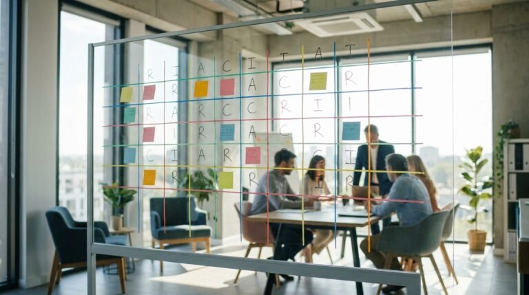 Matriz RACI de atendimento desenhada em quadro de planejamento de agência de marketing