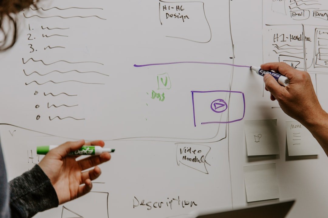 Pessoas desenhando fluxo de responsabilidades em quadro branco na agência