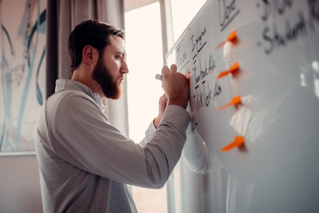 Time de atendimento planejando o onboarding de clientes para agências em quadro branco
