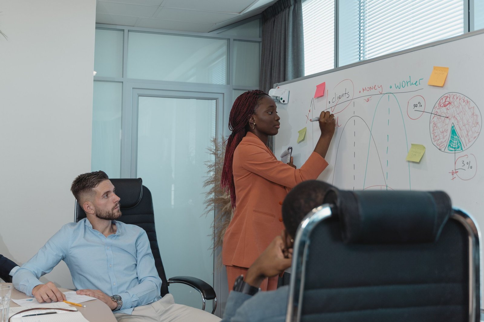 Profissional desenhando no quadro branco os modelos de customer success em agência